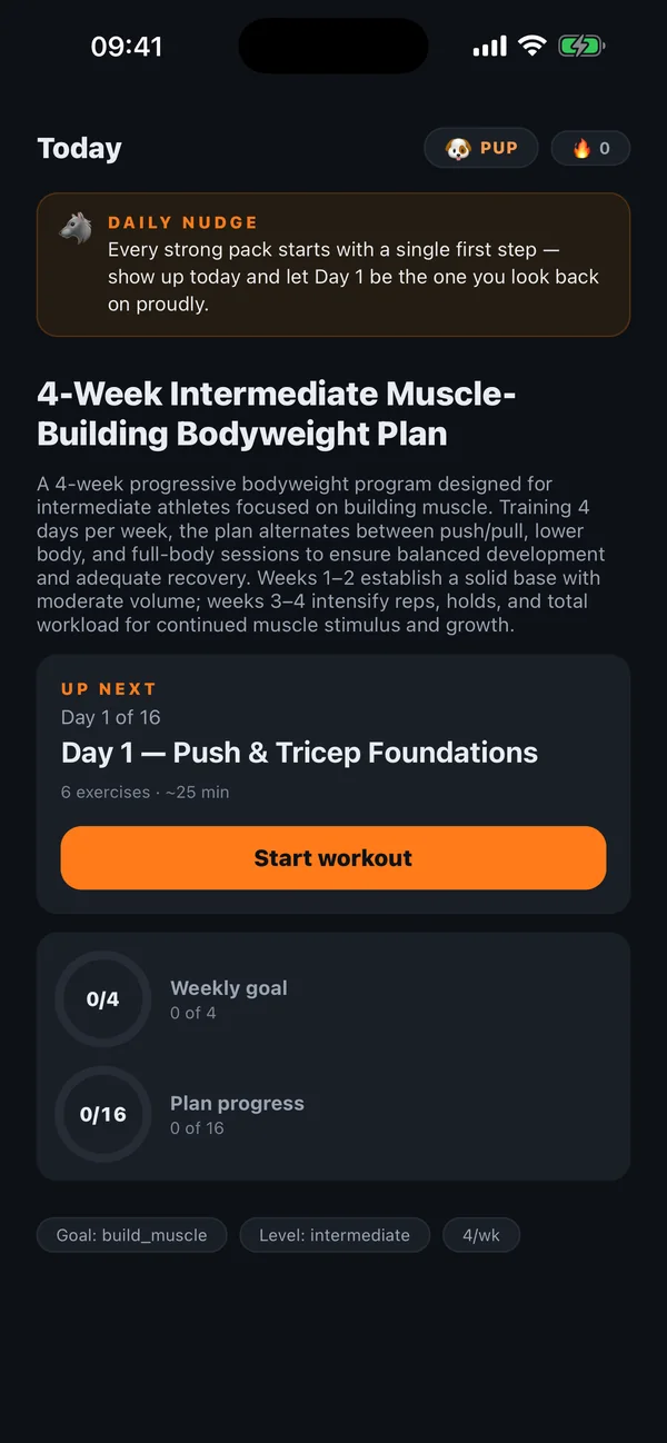 The Vargr home screen showing a 4-week intermediate plan, the next workout, and weekly progress